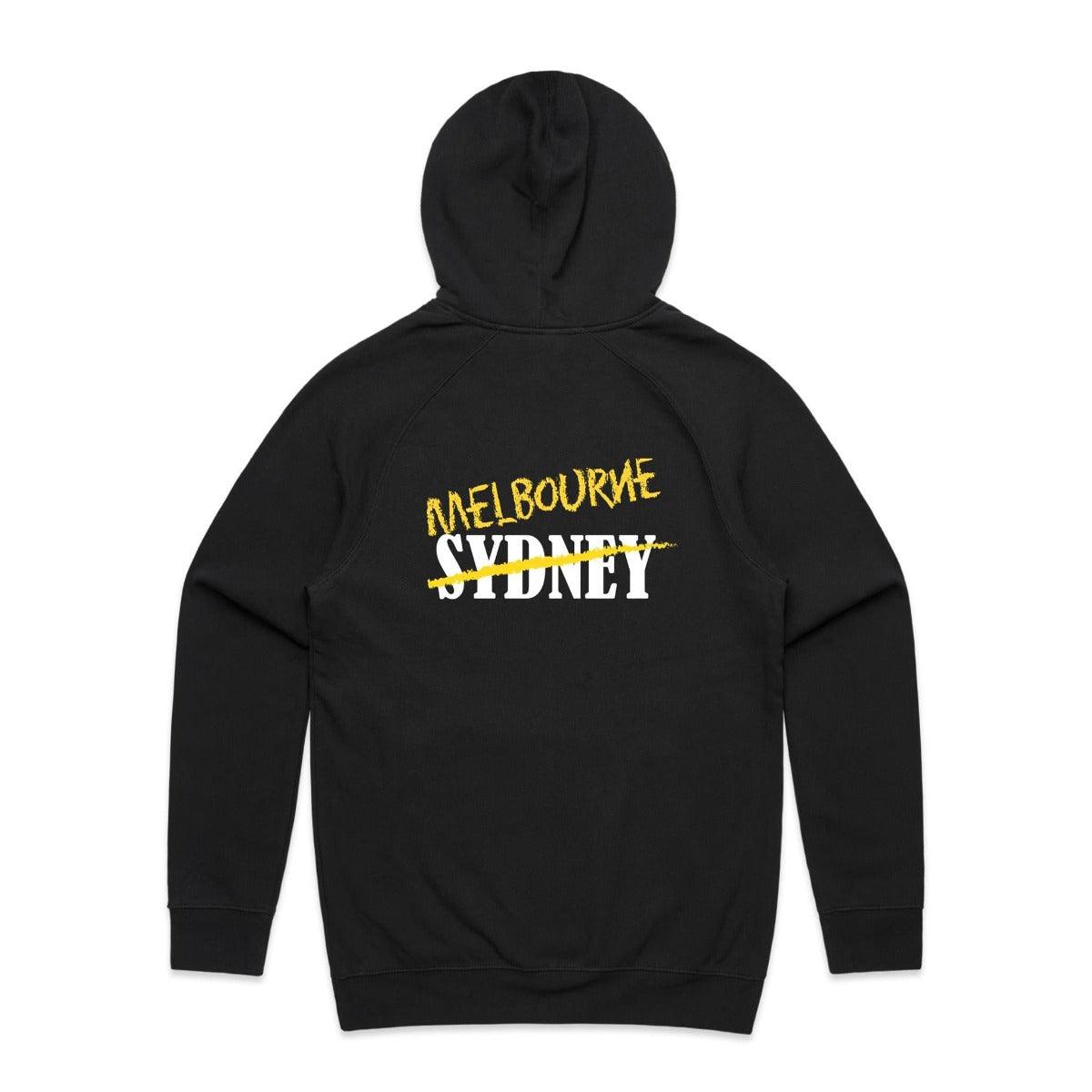 Black hoodie with the MSCRNT logo in the front and Melbourne vs Sydney on the back