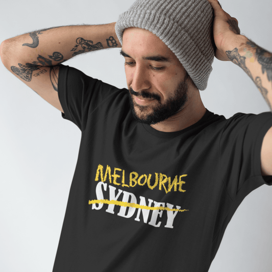 Man wearing a black t-shirt "Melbourne, not Sydney" by MSCRNT