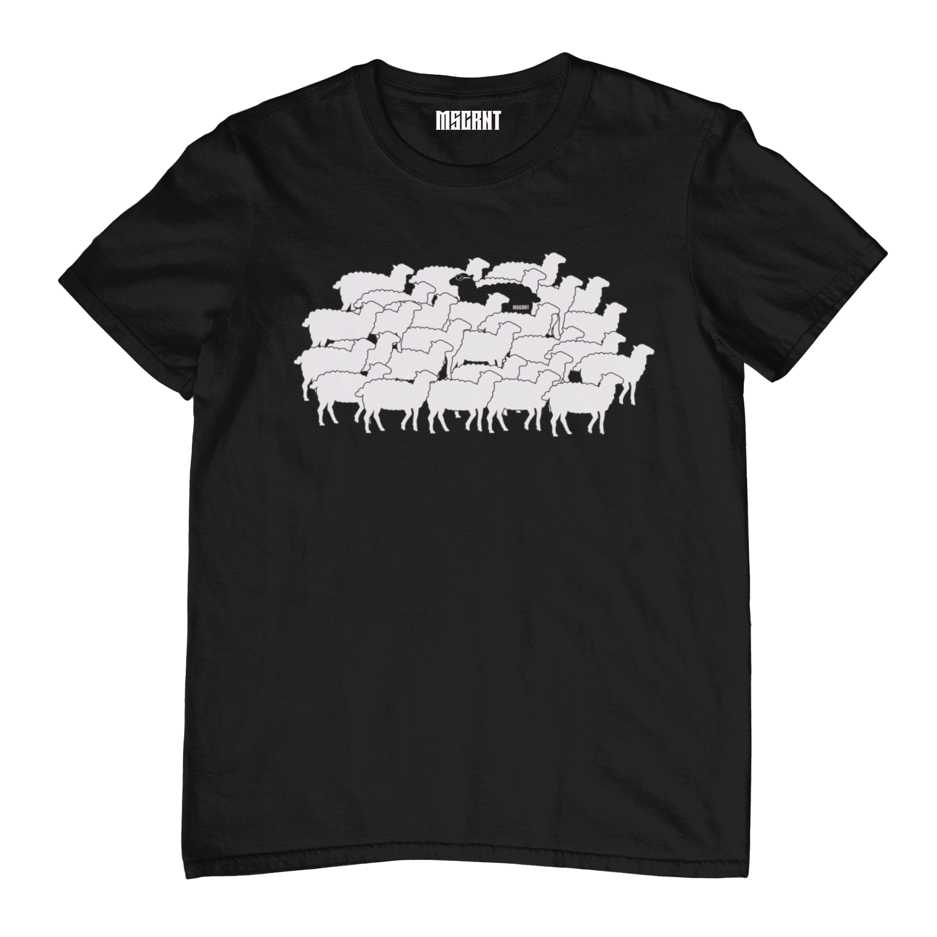 Black sheep wearing sunglasses walking against a crowd of white sheep