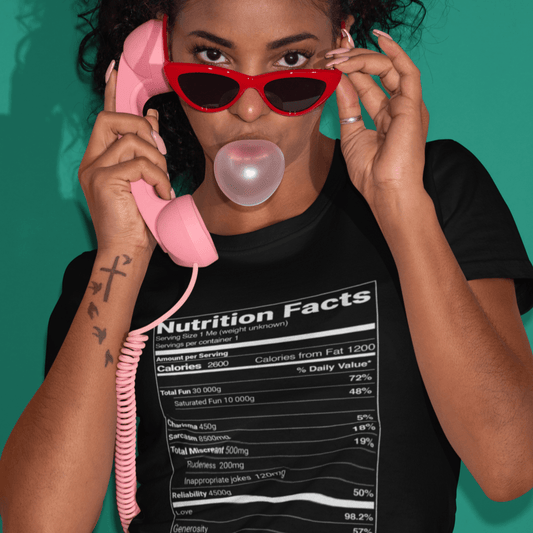 MSCRNT Nutrition facts panel on a black t-shirt